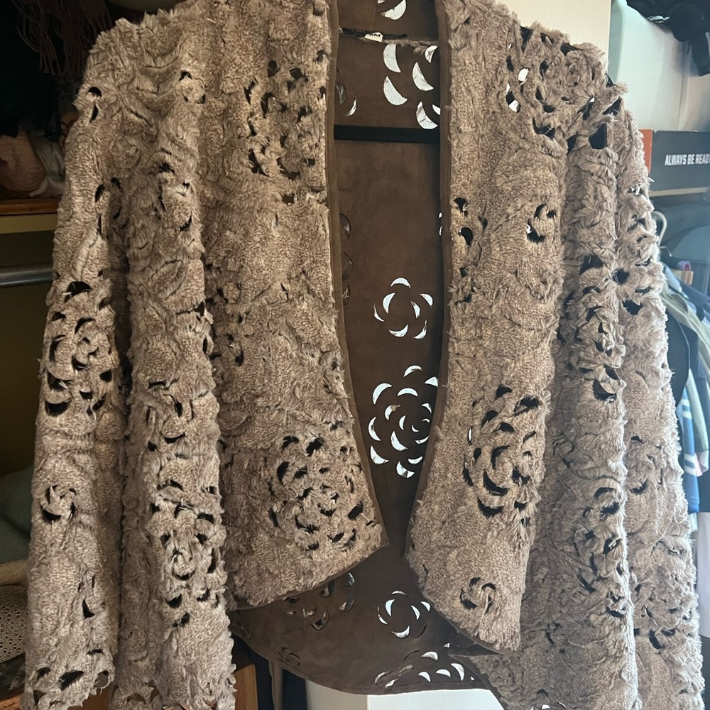 Fur and leather laser cut Open-Front Sweater